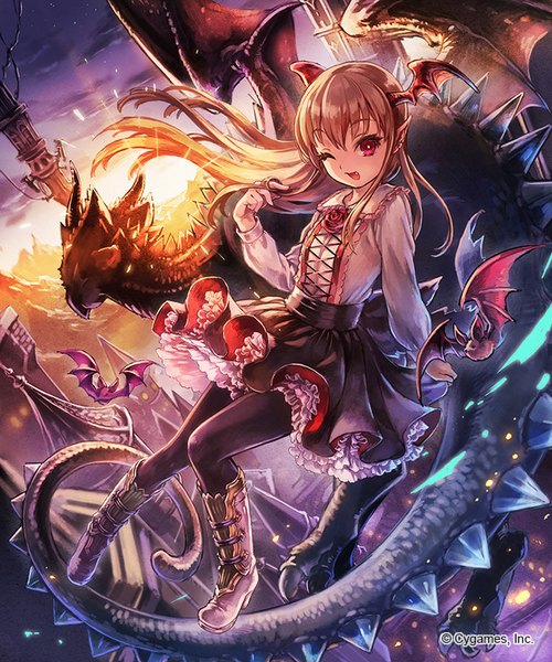 Anime picture 667x800 with shingeki no bahamut granblue fantasy vampy ma yo ko single long hair tall image blush fringe open mouth blonde hair red eyes sky cloud (clouds) bent knee (knees) pointy ears evening happy sunset horizon