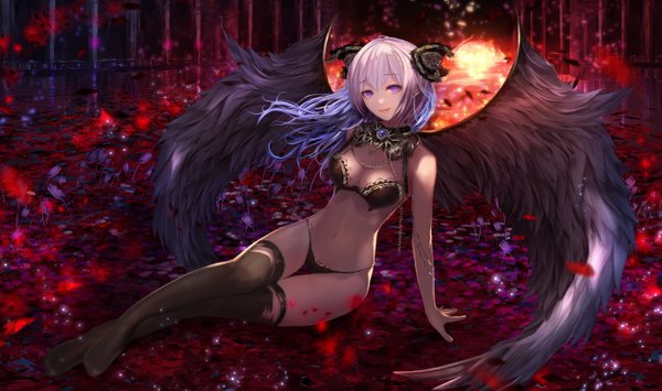 Anime picture 1350x800 with original jname single long hair looking at viewer light erotic wide image sitting purple eyes purple hair blurry teeth bare belly fang (fangs) no shoes underwear only demon girl black wings succubus girl