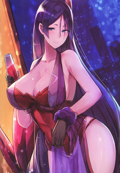 Anime picture 2071x2972 with fate (series) fate/grand order minamoto no raikou (fate) jirusu single long hair tall image looking at viewer blush fringe highres breasts blue eyes light erotic smile hair between eyes large breasts standing bare shoulders holding