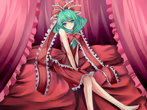 Anime picture 1200x900 with touhou kagiyama hina tkisii (artist) blue eyes barefoot green hair girl bow hair bow bed