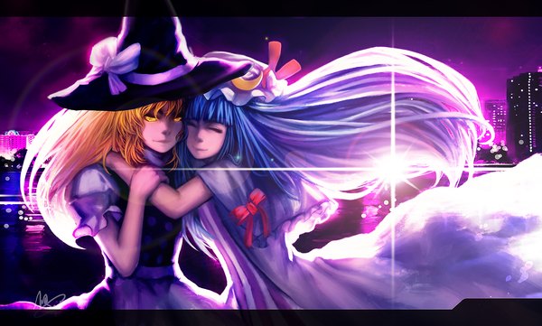 Anime picture 2280x1372 with touhou kirisame marisa patchouli knowledge urami (artist) long hair highres blonde hair wide image multiple girls yellow eyes blue hair eyes closed hug city girl dress bow 2 girls witch hat bonnet