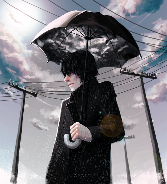 Anime picture 2030x2240 with ajgiel single tall image highres short hair black hair standing signed sky cloud (clouds) lips from below wet rain hair over eyes boy coat power lines