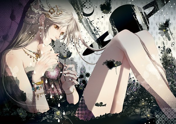 Anime picture 1024x724 with original yuu (arcadia) single long hair blonde hair yellow eyes braid (braids) crying girl dress flower (flowers) petals jewelry