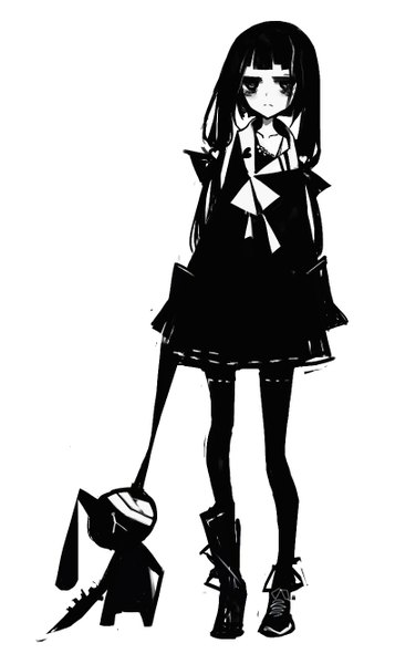 Anime picture 794x1334 with original kiku (kicdoc) single long hair tall image looking at viewer black hair simple background white background twintails black eyes low twintails monochrome girl dress pantyhose shoes knife