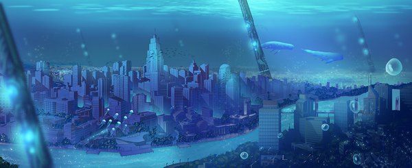 Anime picture 1500x613 with original xingyue ling wide image city cityscape underwater no people fantasy river animal building (buildings) bubble (bubbles) skyscraper jellyfish whale