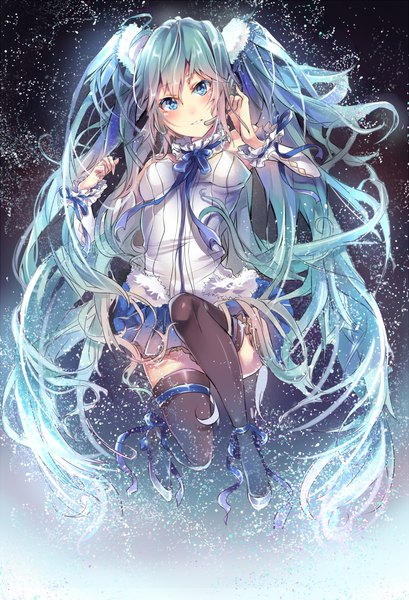 Anime picture 1600x2348 with 7th dragon 2020 vocaloid hatsune miku takitou single tall image fringe blue eyes smile twintails holding bent knee (knees) very long hair head tilt pleated skirt arm up aqua hair zettai ryouiki striped weightlessness