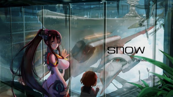 Anime picture 1920x1080 with kantai collection yamato super battleship ikazuchi destroyer xkc long hair looking at viewer fringe highres short hair breasts light erotic black hair brown hair wide image large breasts standing multiple girls brown eyes signed payot