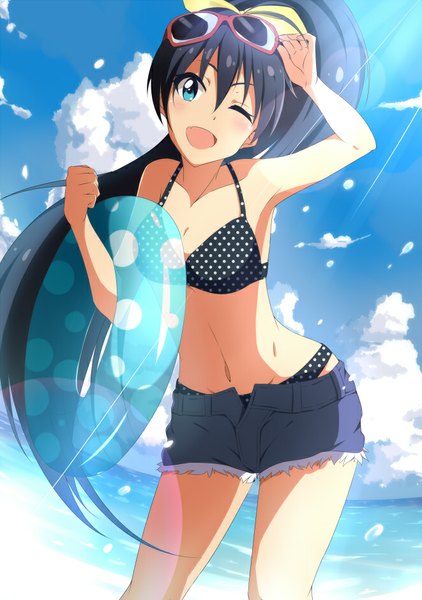 Anime picture 661x940 with idolmaster ganaha hibiki hitotsuki nanoka single long hair tall image blush open mouth blue eyes light erotic black hair smile sky cloud (clouds) ponytail one eye closed wink sunlight armpit (armpits) polka dot