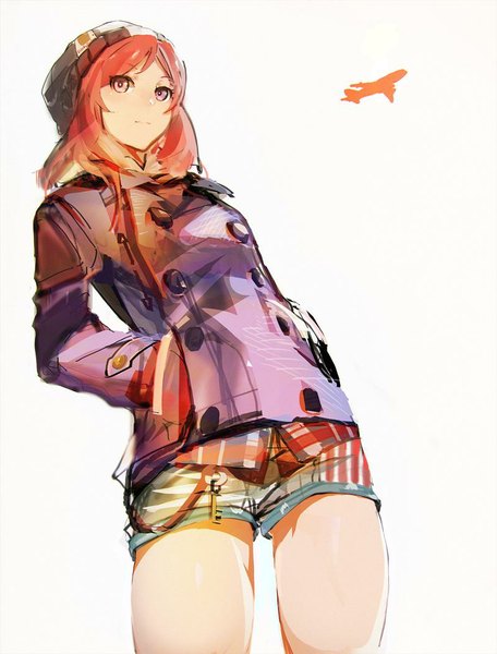 Anime picture 800x1052 with love live! school idol project sunrise (studio) love live! nishikino maki so-bin single tall image simple background standing white background purple eyes looking away red hair from below hands in pockets girl jacket shorts short shorts cap