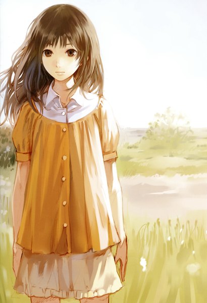 Anime picture 3172x4633 with original kishida mel single long hair tall image highres brown hair brown eyes absurdres summer girl plant (plants) grass