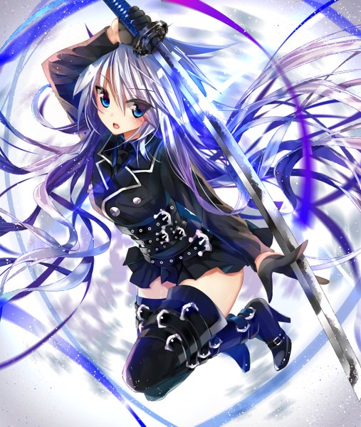 Anime picture 1086x1286 with original nekoboshi sakko single tall image blush fringe breasts open mouth blue eyes hair between eyes holding looking away silver hair bent knee (knees) very long hair long sleeves pleated skirt arm up from above zettai ryouiki
