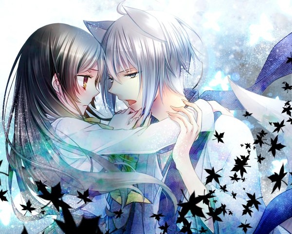 Anime picture 1200x960 with kamisama hajimemashita tomoe (kamisama hajimemashita) momozono nanami yamika long hair blush fringe short hair open mouth brown eyes animal ears tail traditional clothes japanese clothes animal tail aqua eyes fox ears fox tail face to face eye contact