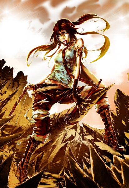 Anime picture 3426x4961 with tomb raider lara croft superwal single long hair tall image highres brown hair green eyes absurdres ponytail torn clothes girl boots belt fingerless gloves blood bandage (bandages)