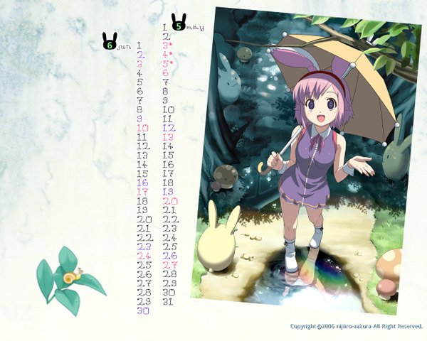 Anime picture 1280x1024 with short hair blue eyes light erotic smile pink hair bunny girl girl underwear panties water umbrella calendar