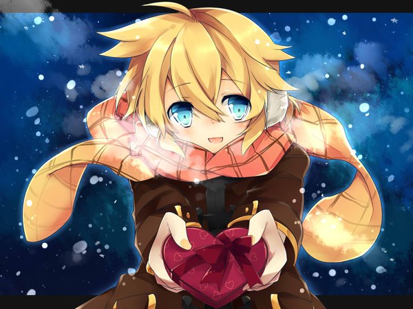 Anime picture 1600x1200 with vocaloid kagamine len leeannpippisum single looking at viewer blush short hair open mouth blue eyes blonde hair upper body snowing winter exhalation valentine boy bow ribbon (ribbons) jacket scarf