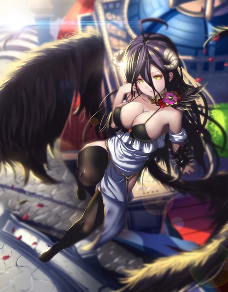 Anime picture 1332x1705 with overlord (maruyama) madhouse albedo (overlord) hk (hak) single long hair tall image breasts light erotic black hair large breasts yellow eyes cleavage ahoge horn (horns) low wings girl thighhighs black thighhighs wings