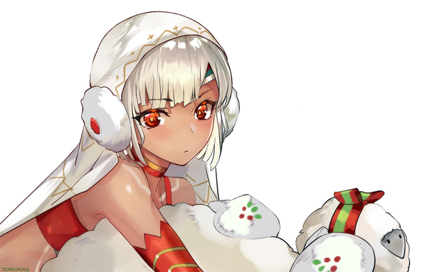 Anime picture 999x639 with fate (series) fate/grand order altera (fate) altera the santa (fate) tong pole single looking at viewer blush fringe short hair simple background red eyes white background bare shoulders white hair dark skin girl animal choker sheep