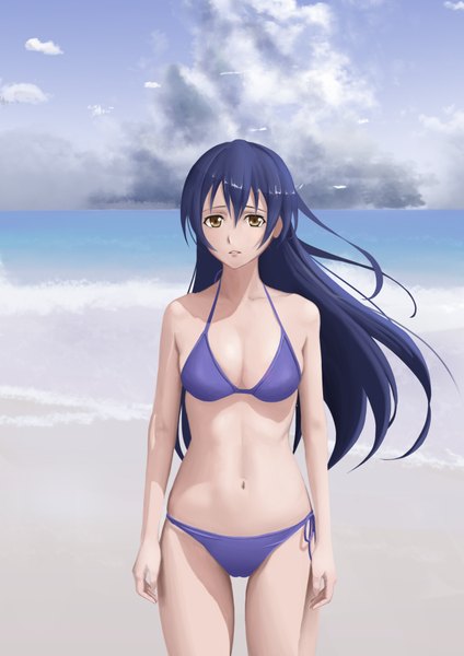 Anime picture 671x950 with love live! school idol project sunrise (studio) love live! sonoda umi northman single long hair tall image looking at viewer fringe breasts light erotic standing yellow eyes blue hair sky cloud (clouds) parted lips beach cameltoe