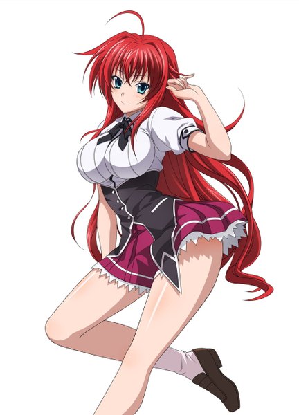 Anime picture 921x1280 with highschool dxd rias gremory single long hair tall image looking at viewer blush breasts simple background smile large breasts standing white background ahoge bent knee (knees) red hair aqua eyes official art adjusting hair standing on one leg