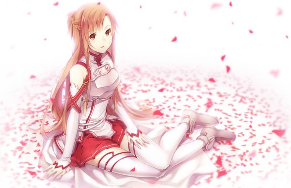 Anime picture 1000x647 with sword art online a-1 pictures yuuki asuna weee (raemz) single long hair looking at viewer brown hair brown eyes girl thighhighs detached sleeves petals white thighhighs