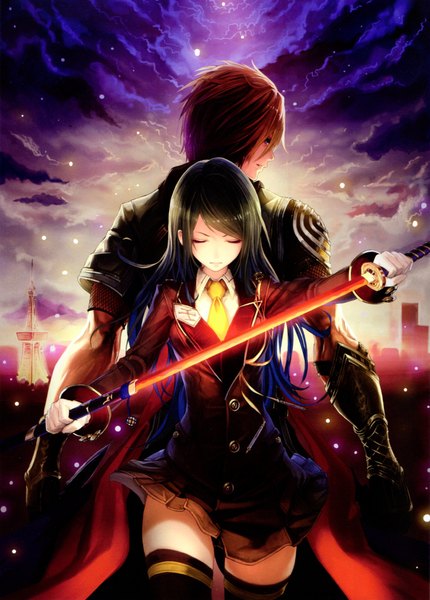 Anime picture 3371x4707 with shingeki no bahamut tachikawa mushimaro (bimo) long hair tall image highres short hair black hair absurdres sky cloud (clouds) red hair eyes closed looking back scan couple girl thighhighs boy skirt weapon