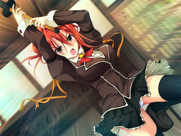Anime picture 1024x768 with duelist x engage makino monaka (duelist x engage) short hair open mouth light erotic brown eyes game cg red hair girl thighhighs black thighhighs serafuku