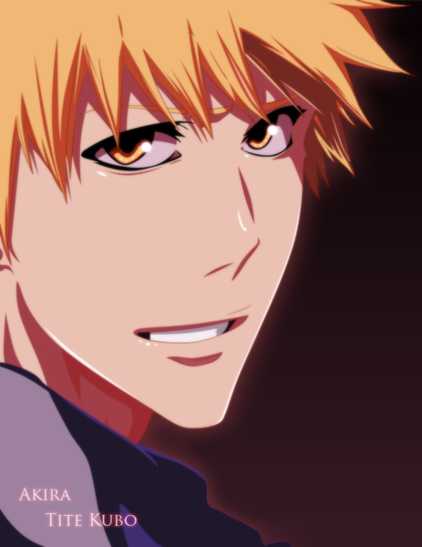 Anime picture 1200x1554 with bleach studio pierrot kurosaki ichigo akira-12 single tall image short hair simple background smile orange hair inscription orange eyes coloring close-up face boy