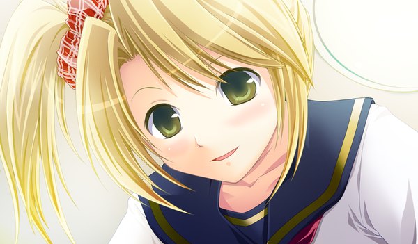 Anime picture 1024x600 with akikaze personal (game) short hair blonde hair wide image green eyes game cg girl serafuku