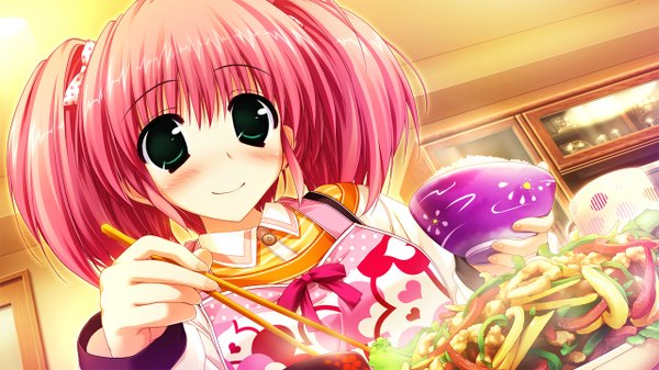 Anime picture 1280x720 with kamikaze explorer! hayase manami oshiki hitoshi blush short hair wide image green eyes pink hair game cg girl food