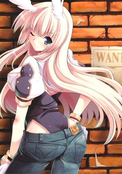 Anime picture 3030x4316 with shirogane no soleil skyfish (studio) odette diz ortlinde tsurugi hagane single long hair tall image blush highres blue eyes light erotic blonde hair game cg one eye closed looking back wink hand on hip head wings wanted girl