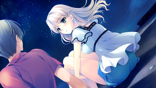 Anime picture 1280x720 with aete mushisuru kimi to no mirai tachibana minami koube shuuji riv long hair short hair blonde hair brown hair wide image sitting game cg night couple girl boy