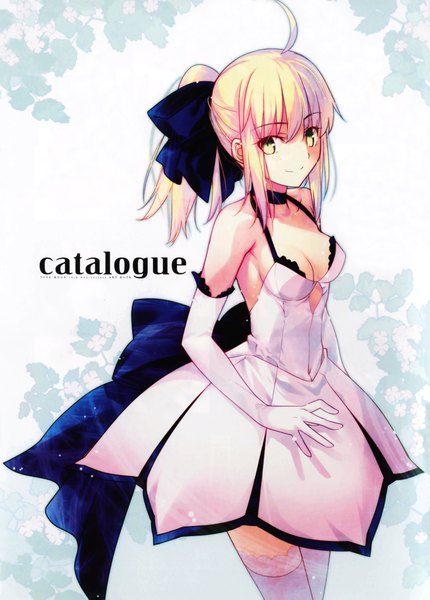 Anime picture 3228x4505 with fate (series) fate/stay night studio deen type-moon artoria pendragon (all) saber saber lily takeuchi takashi long hair tall image highres blonde hair smile bare shoulders yellow eyes absurdres cleavage ahoge ponytail official art