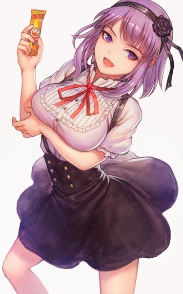 Anime picture 640x1024 with dagashi kashi feel (studio) umaibou shidare hotaru urokoda single tall image fringe short hair breasts open mouth simple background large breasts white background purple eyes looking away purple hair bent knee (knees) :d from above