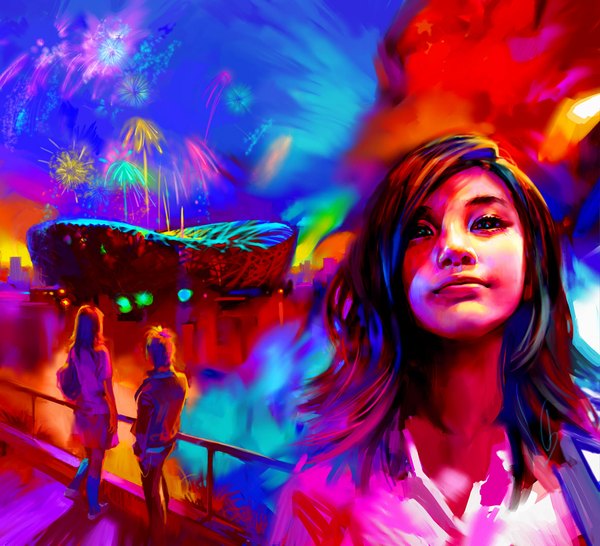 Anime picture 1181x1076 with benjamin (zhang bin) long hair sky multicolored hair lips from behind realistic night face multicolored eyes silhouette fireworks girl