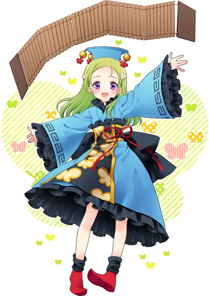 Anime picture 700x992 with eiyuu senki sonshi (eiyuu senki) mochiya marosuke single long hair tall image looking at viewer blush open mouth purple eyes traditional clothes green hair chinese clothes spread arms girl hat frills hairclip