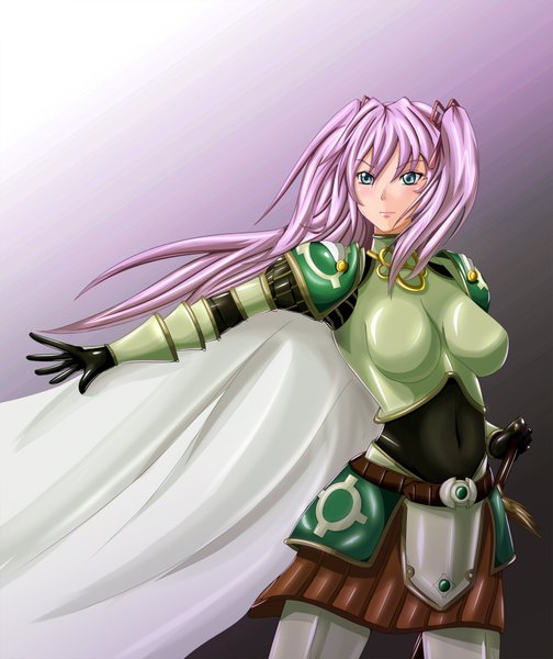 Anime picture 1573x1870 with ikusa otome suvia suvia r-wade single long hair tall image simple background green eyes pink hair girl gloves weapon belt armor cloak