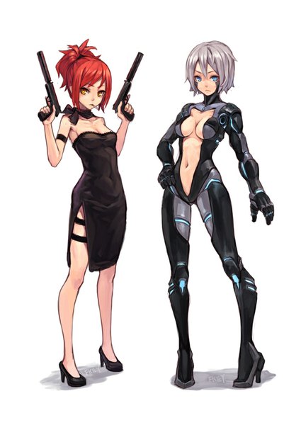 Anime picture 730x1031 with original fkey tall image short hair breasts blue eyes light erotic standing white background bare shoulders multiple girls yellow eyes cleavage ponytail red hair grey hair shadow high heels hand on hip smoking