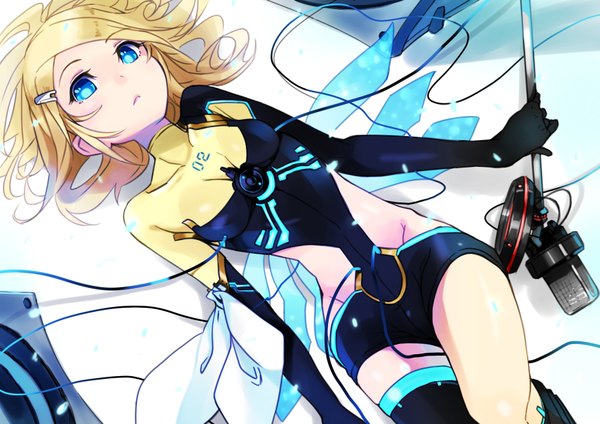 Anime picture 1752x1240 with vocaloid vocaloid append kagamine rin kagamine rin (append) nana g single highres short hair blue eyes blonde hair lying on back girl hair ornament hairclip wire (wires)