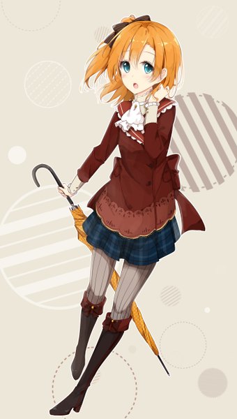 Anime picture 700x1235 with love live! school idol project sunrise (studio) love live! kousaka honoka kurottari single tall image blush fringe short hair open mouth blue eyes hair between eyes looking away full body from above orange hair grey background one side up plaid skirt