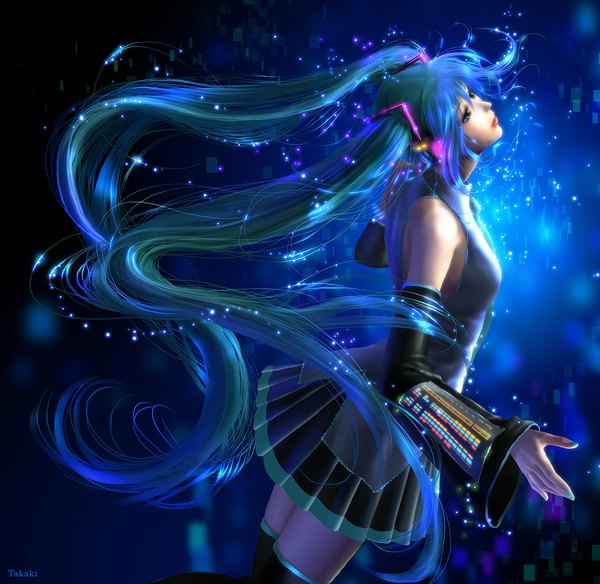 Anime picture 1100x1071 with vocaloid hatsune miku takashi mare single long hair twintails bare shoulders green eyes nail polish profile lips realistic aqua hair fantasy girl thighhighs skirt detached sleeves necktie