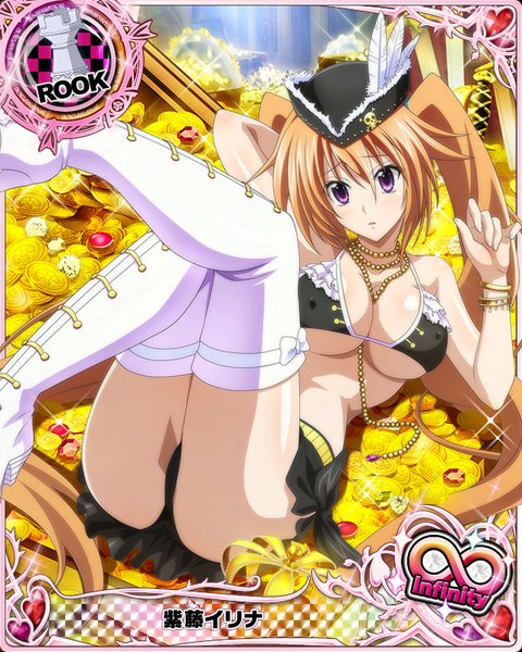 Anime picture 640x800 with highschool dxd shidou irina single tall image looking at viewer breasts light erotic brown hair large breasts purple eyes twintails cleavage very long hair card (medium) girl skirt underwear panties hat miniskirt