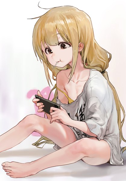 Anime picture 900x1291 with idolmaster idolmaster cinderella girls futaba anzu modare single long hair tall image fringe light erotic blonde hair sitting twintails holding brown eyes looking away barefoot off shoulder bare legs legs low twintails