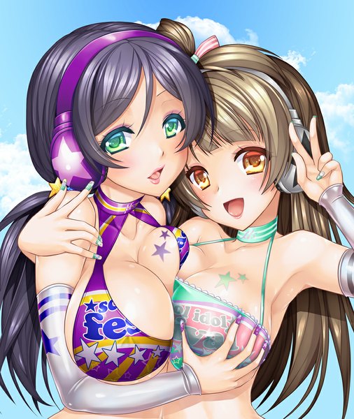 Anime picture 843x1000 with love live! school idol project sunrise (studio) love live! toujou nozomi minami kotori alto seneka long hair tall image blush breasts open mouth light erotic brown hair large breasts multiple girls brown eyes green eyes blue hair sky cloud (clouds)