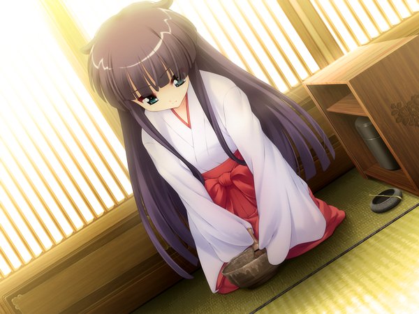Anime picture 1200x900 with inumimi berserk (game) tatara shijima long hair blue eyes black hair game cg traditional clothes japanese clothes miko girl hakama