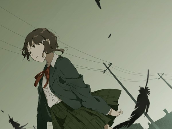 Anime picture 1124x843 with serial experiments lain iwakura lain hanno single short hair black hair black eyes girl uniform school uniform feather (feathers) wire (wires)