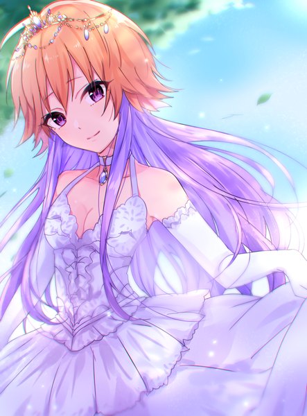 Anime picture 700x947 with idolmaster idolmaster cinderella girls ninomiya asuka noda (yncoon) single tall image looking at viewer fringe blonde hair smile hair between eyes bare shoulders holding payot cleavage purple hair ahoge head tilt multicolored hair sunlight