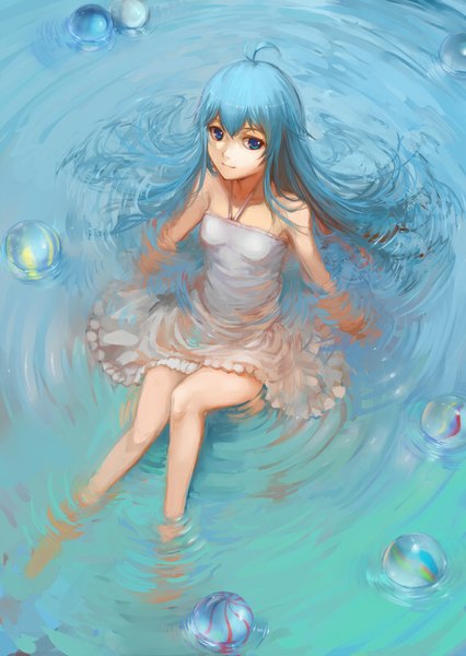 Anime picture 569x800 with denpa onna to seishun otoko shaft (studio) touwa erio charimei single long hair tall image blue eyes sitting bare shoulders blue hair bent knee (knees) barefoot from above bare legs no shoes girl dress water white dress