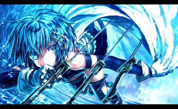 Anime picture 1270x785 with mahou shoujo madoka magica shaft (studio) miki sayaka lain (rinlain) single looking at viewer short hair blue eyes wide image blue hair letterboxed magical girl girl skirt gloves hair ornament weapon detached sleeves miniskirt sword
