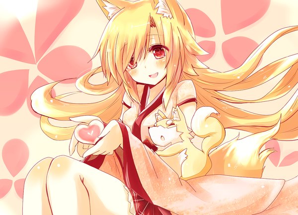 Anime picture 1280x924 with original naomi (sekai no hate no kissaten) long hair blush open mouth blonde hair red eyes fox ears fox tail fox girl girl heart fox