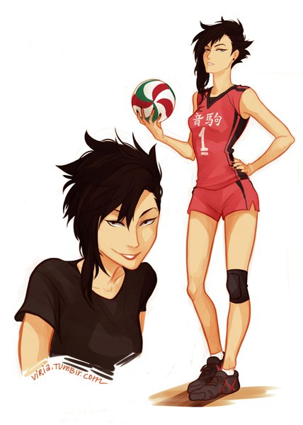 Anime picture 1280x1795 with haikyuu!! production i.g kuroo tetsurou viria13 long hair tall image looking at viewer short hair black hair simple background smile standing white background holding brown eyes portrait dual persona genderswap asymmetrical hair girl